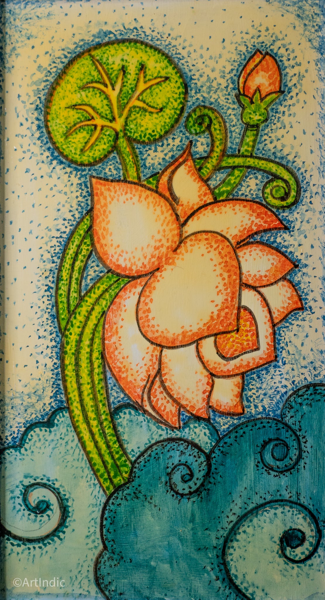 Falling Lotus - Pen Tray - Kerala Mural (Wood base)
