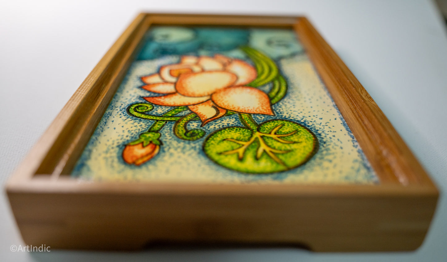 Falling Lotus - Pen Tray - Kerala Mural (Wood base)