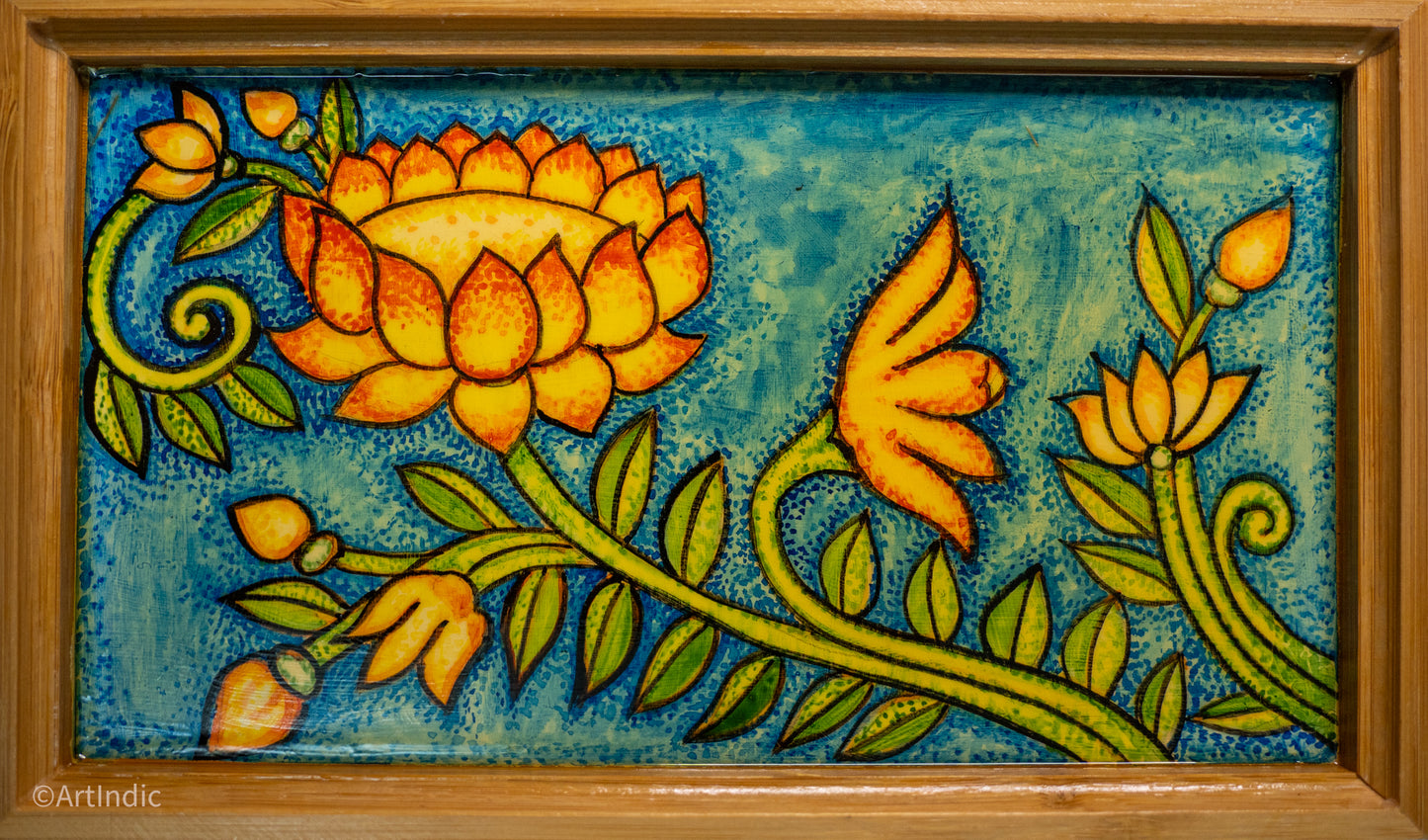 Swaying Lotus - Pen Tray - Kerala Mural (Wood base)