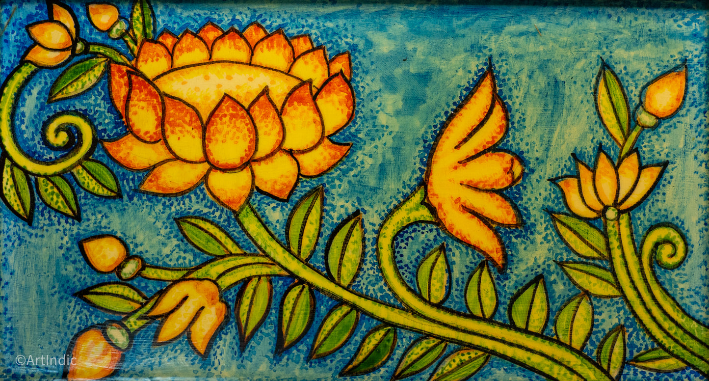 Swaying Lotus - Pen Tray - Kerala Mural (Wood base)